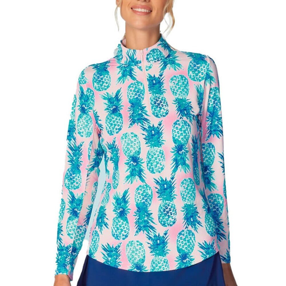 NWT Gottex Lifestyle Ananas Long Sleeve Zip Mock Neck Top - Aqua XS